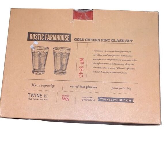 NEW Rustic Farmhouse by Twine Gold Rimmed Cheers Pint Glass Beer Set Lot of 2 - Picture 4 of 8